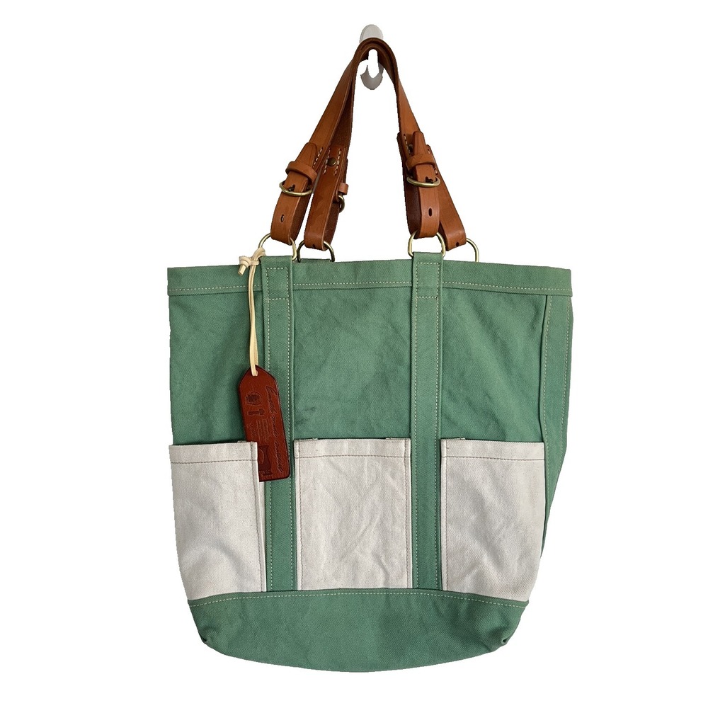 DAN GENTEN Canvas & Leather Handle Tote Shoulder Beach Bag Purse W/ Many Pockets